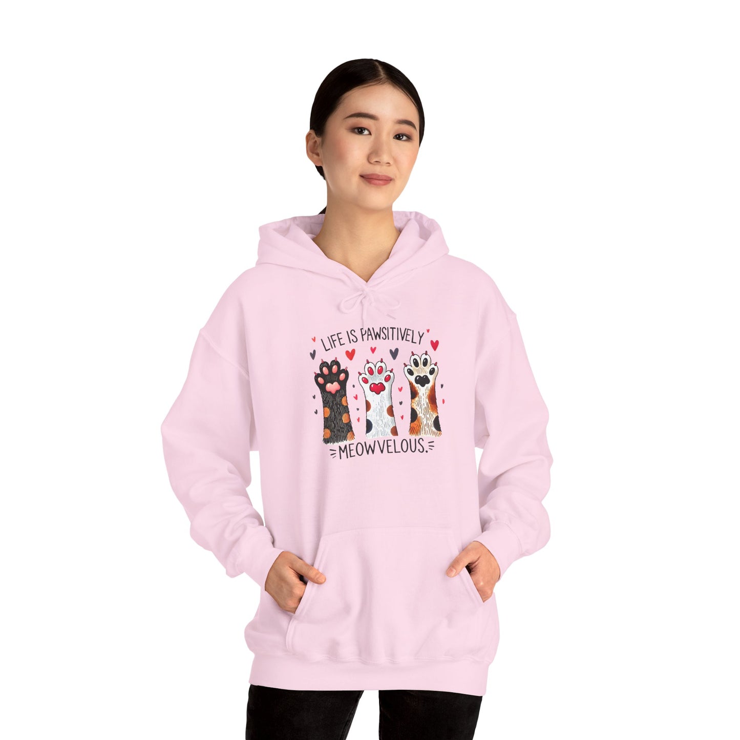 Cat Lover Hoodie — "Life is Pawsitively Meowvelous" Cute Cat Graphic Pullover