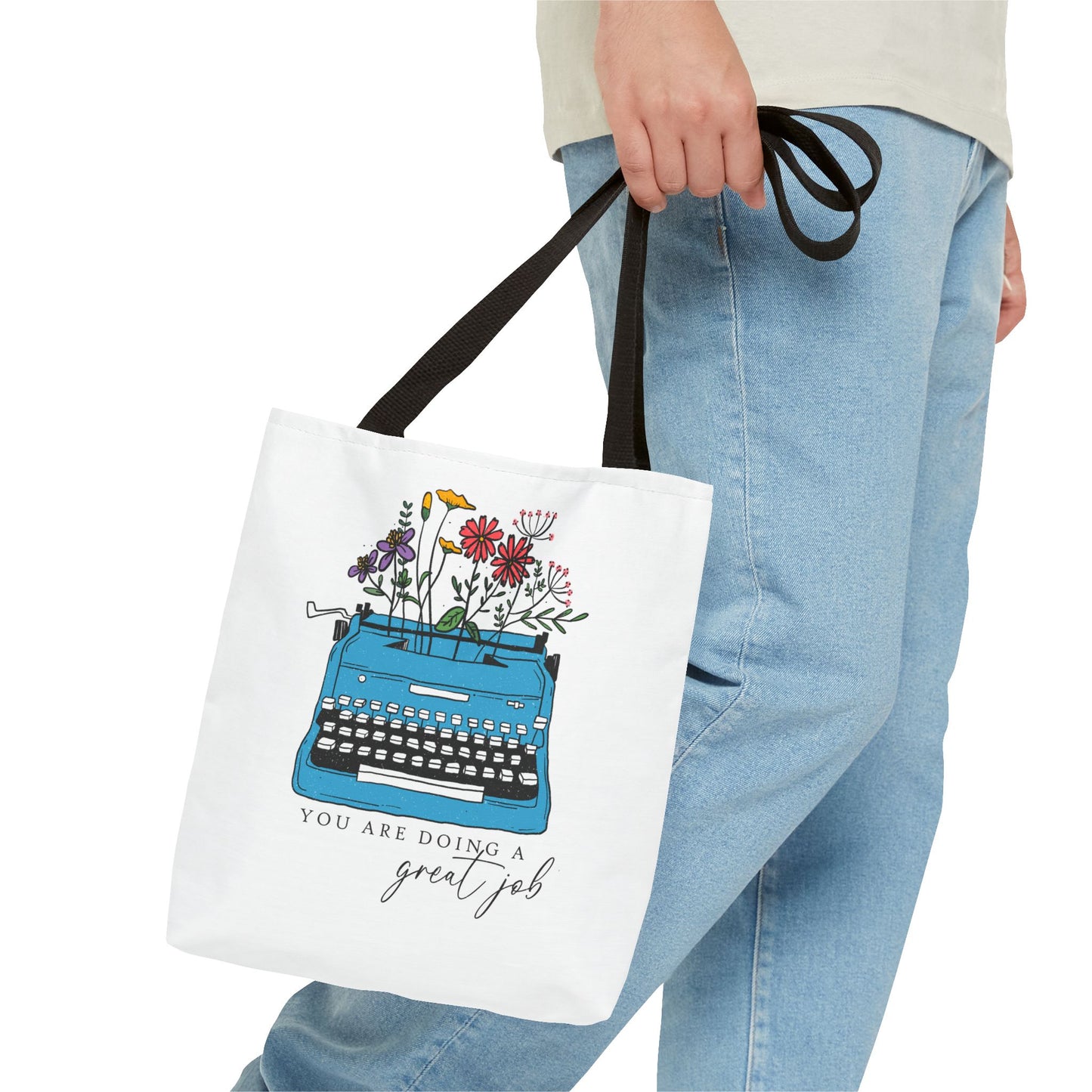 Typewriter Floral Tote — "You Are Doing a Great Job" Inspirational Canvas Bag