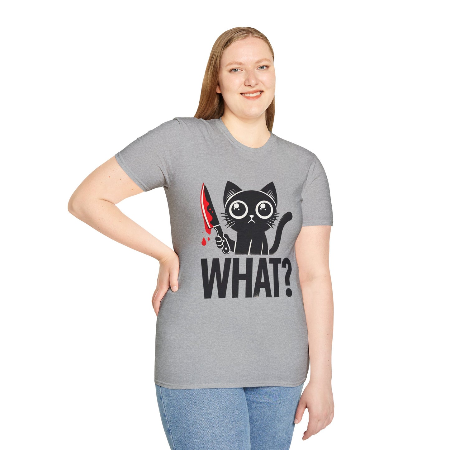 WHAT? Black Cat Holding Bloody Knife T-Shirt — Funny Cute Dark Humor Tee