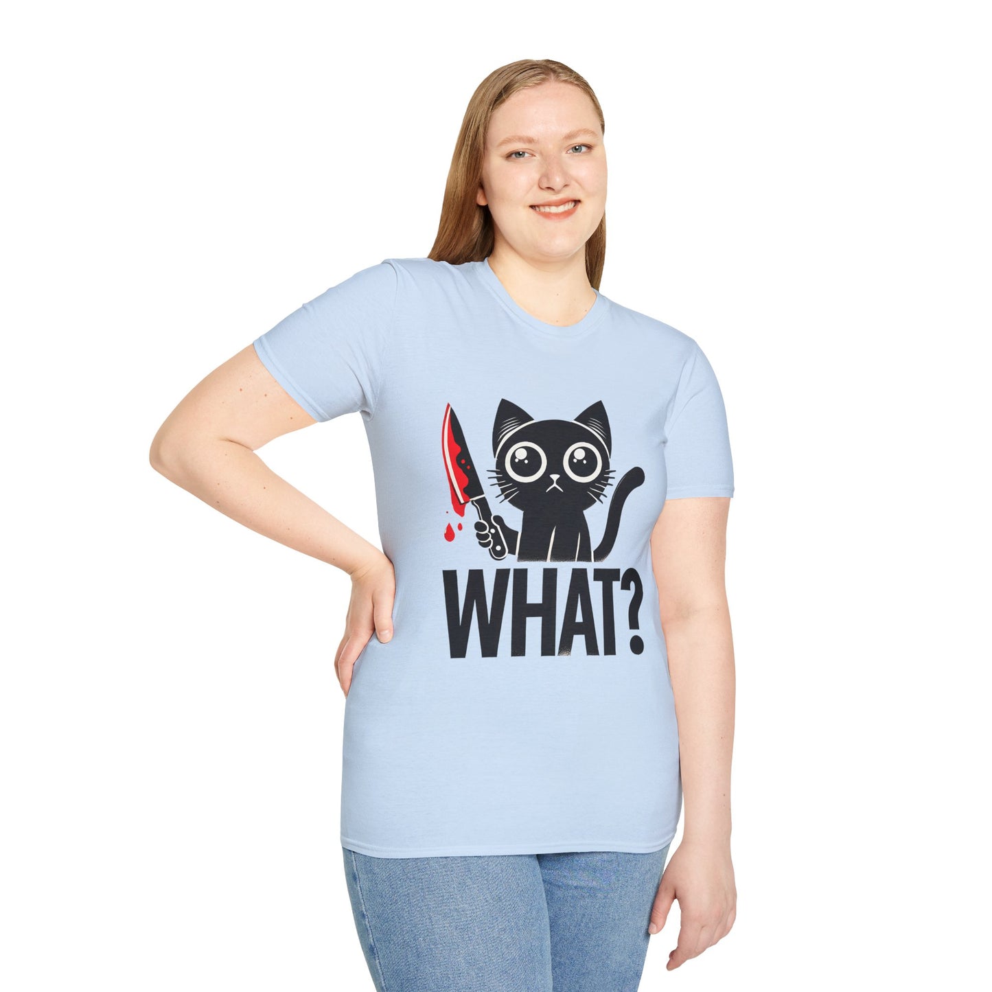 WHAT? Black Cat Holding Bloody Knife T-Shirt — Funny Cute Dark Humor Tee
