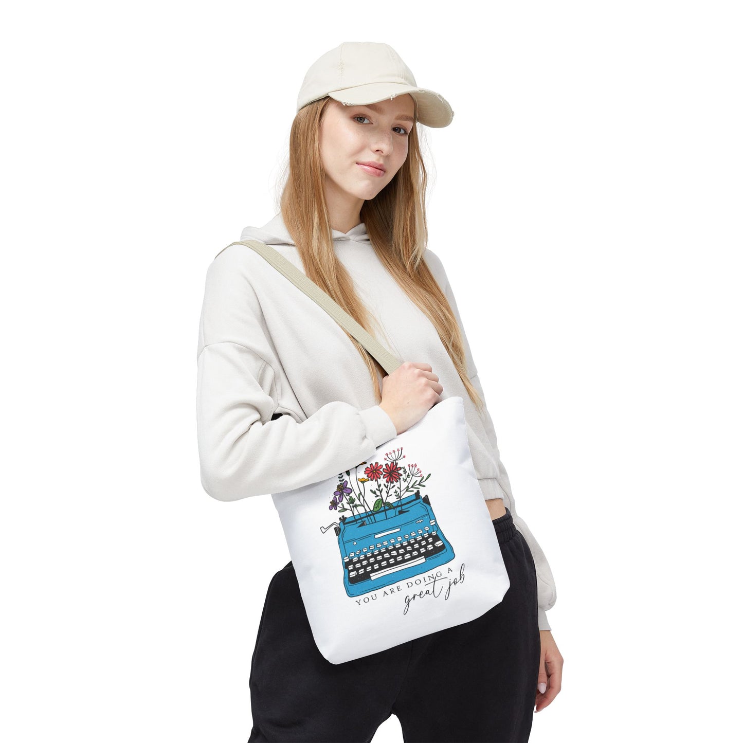 Typewriter Floral Tote — "You Are Doing a Great Job" Inspirational Canvas Bag