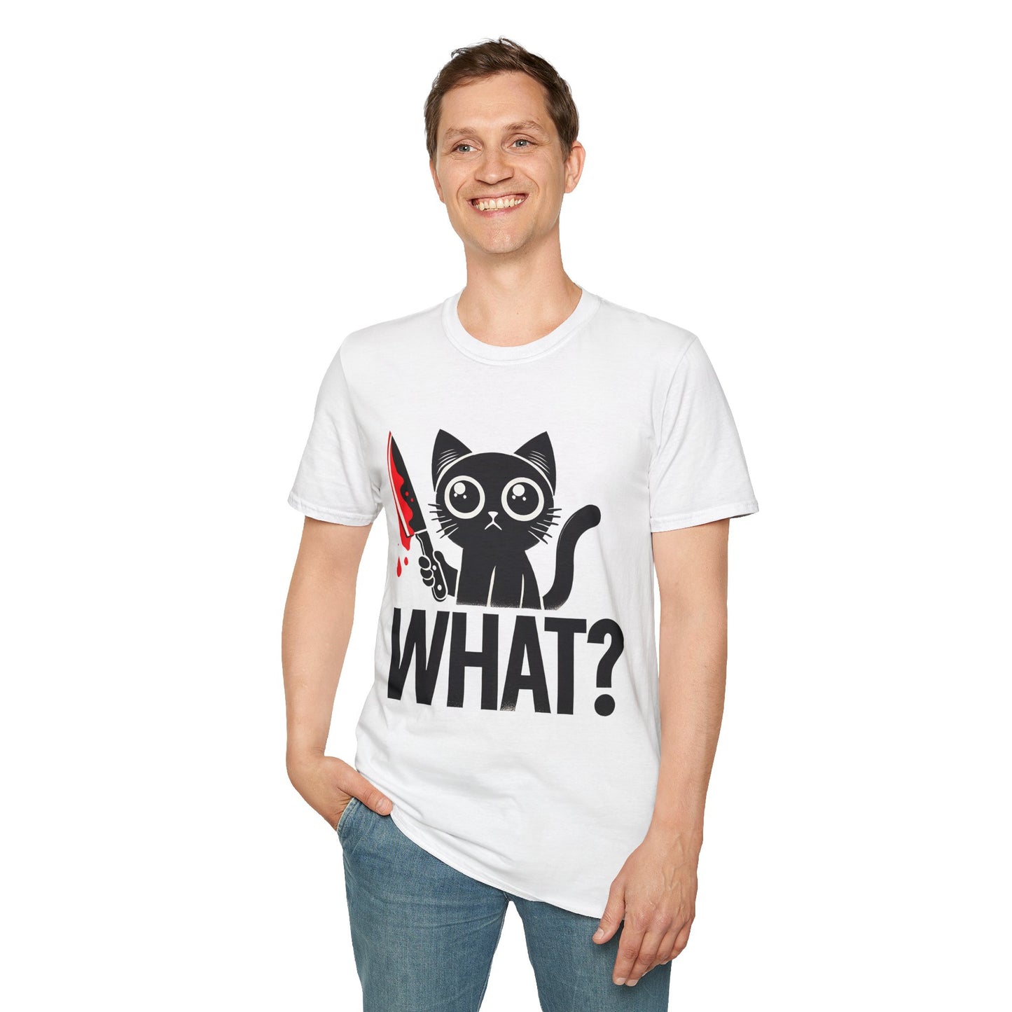 WHAT? Black Cat Holding Bloody Knife T-Shirt — Funny Cute Dark Humor Tee