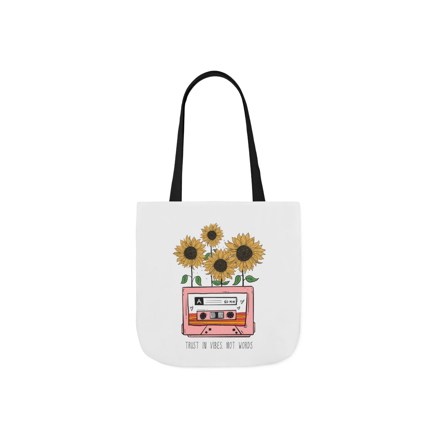 Sunflower Cassette Tote Bag — “Trust in Vibes, Not Wires” Canvas Tote