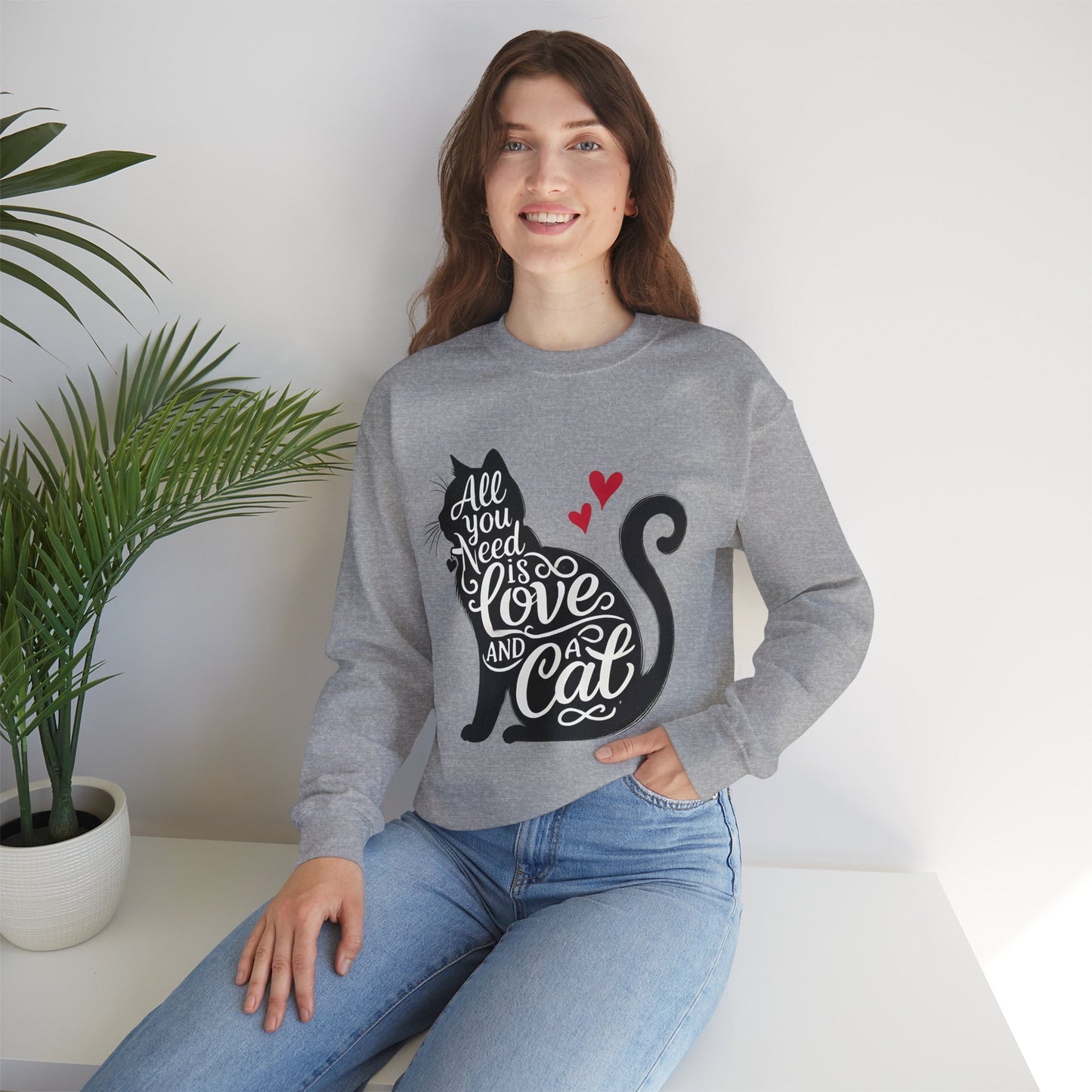 All You Need Is Love and a Cat sweatshirt - Cat Lover Crewneck Sweatshirt