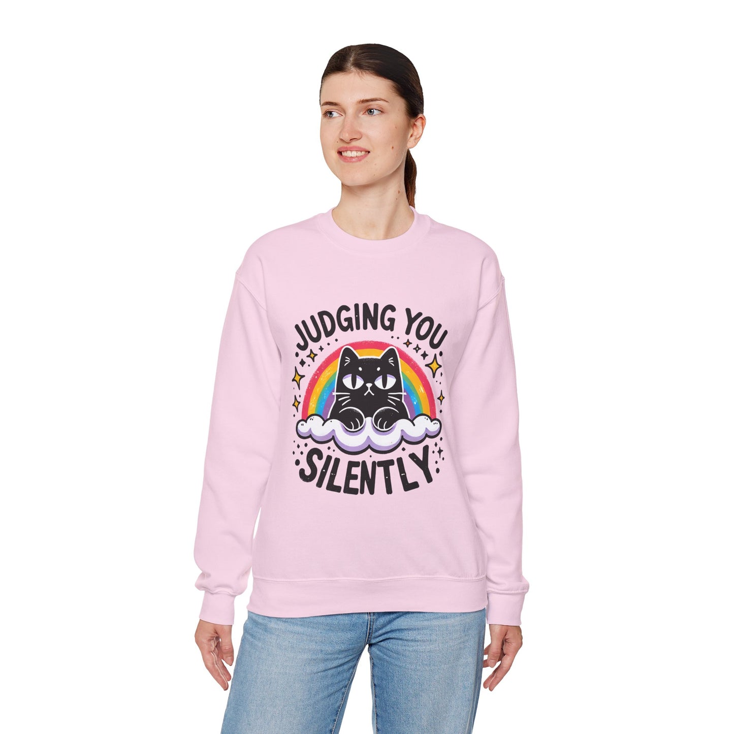 Judging You Silently Sweatshirt — Cute Black Cat Rainbow Crewneck