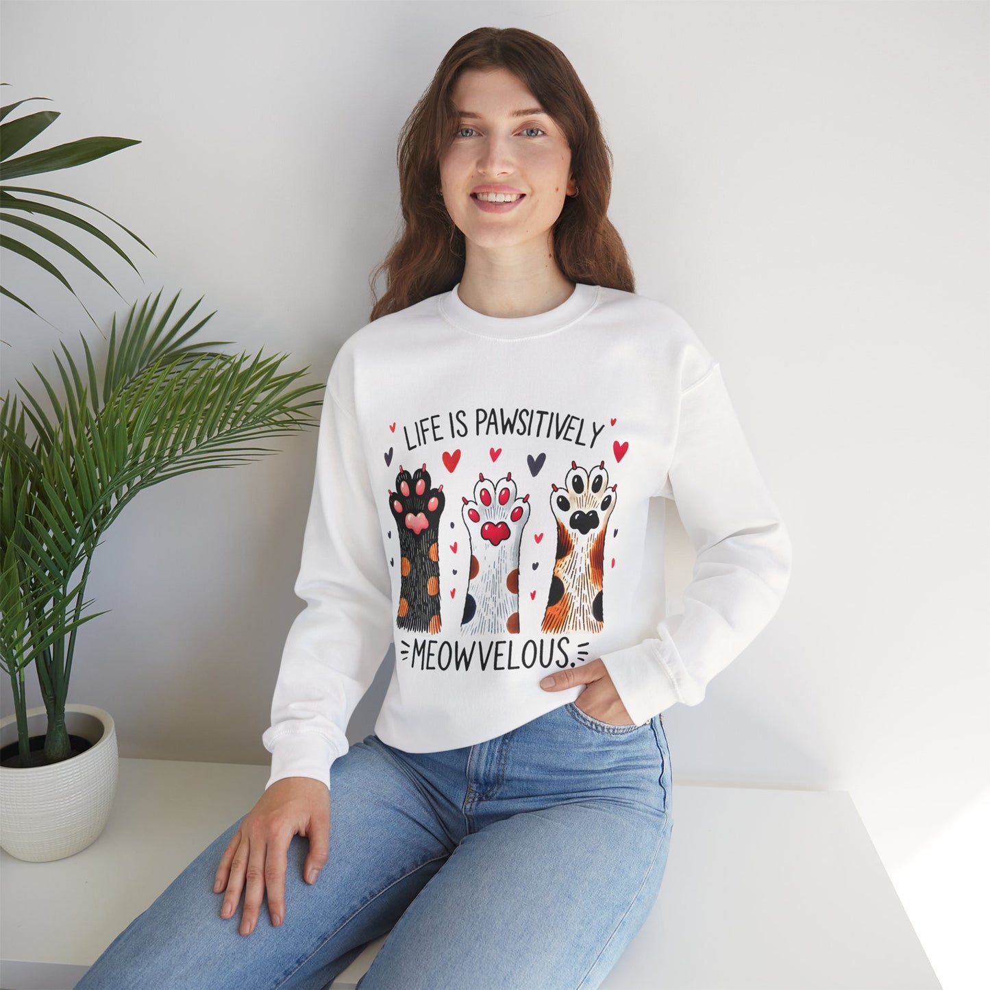 Cat Paw Sweatshirt – "Life Is Pawsitively Meowvelous" Cute Cat Lover Crewneck