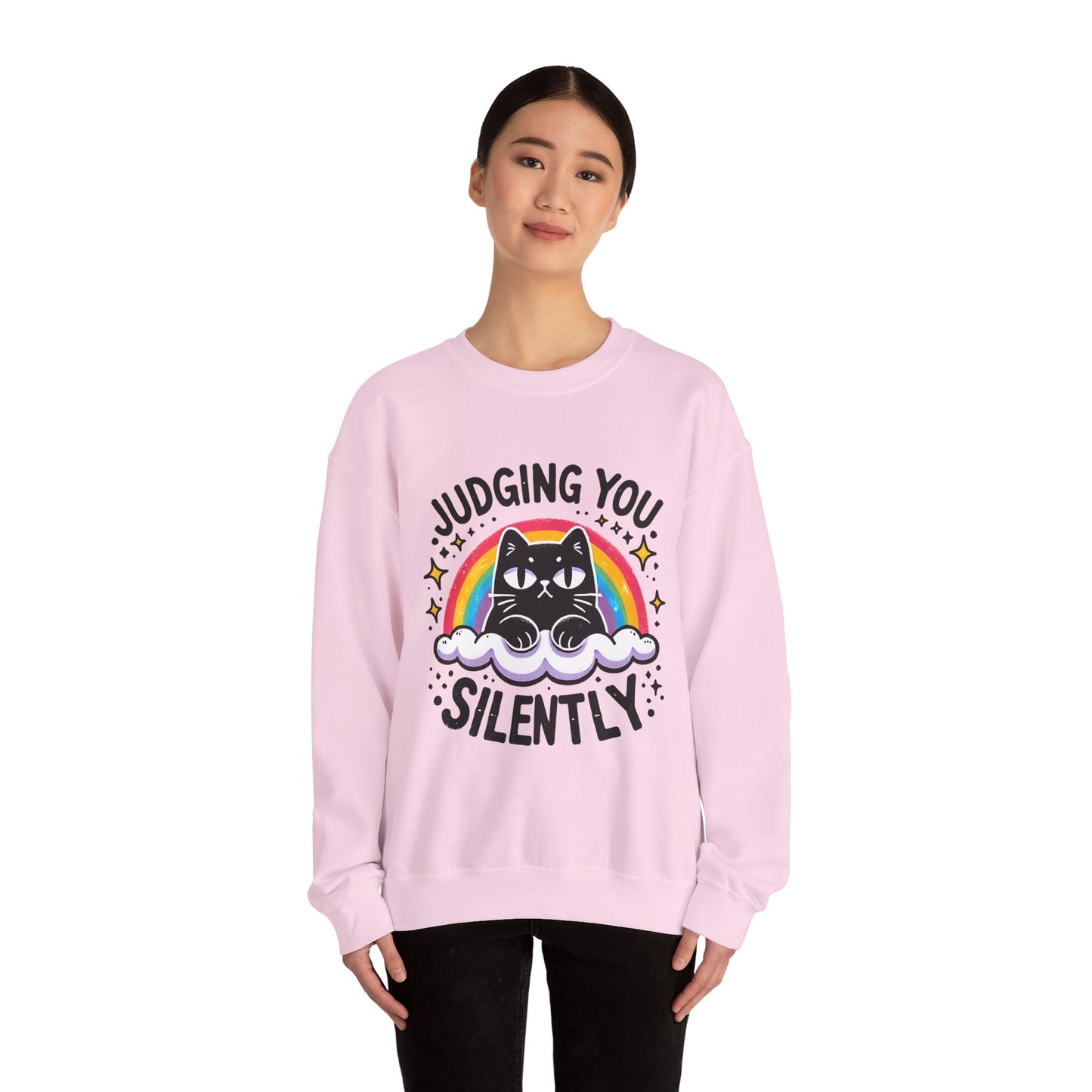 Judging You Silently Sweatshirt — Cute Black Cat Rainbow Crewneck