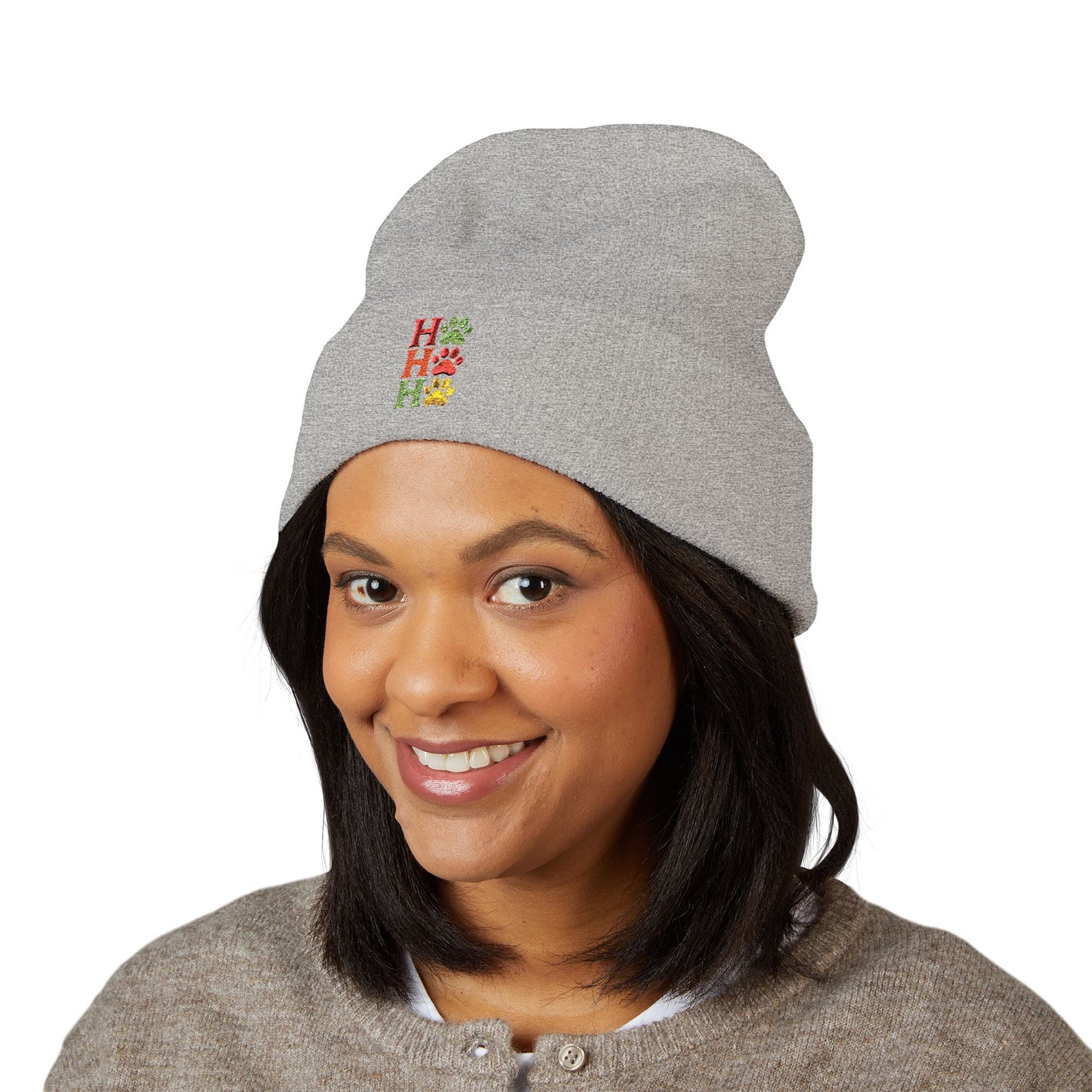 Ho Ho Ho Embroidered Cuffed Beanie — Festive Christmas Knit Hat