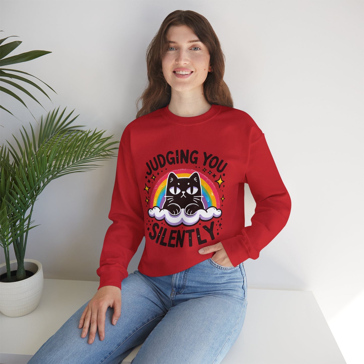 Judging You Silently Sweatshirt — Cute Black Cat Rainbow Crewneck