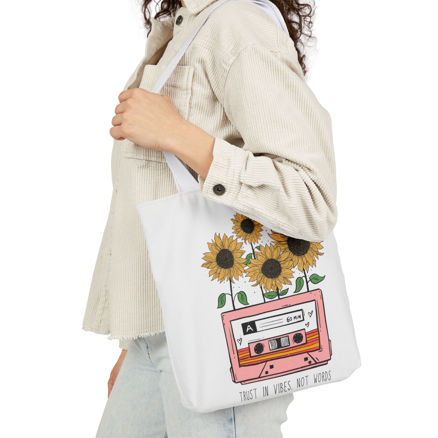 Sunflower Cassette Tote Bag — “Trust in Vibes, Not Wires” Canvas Tote