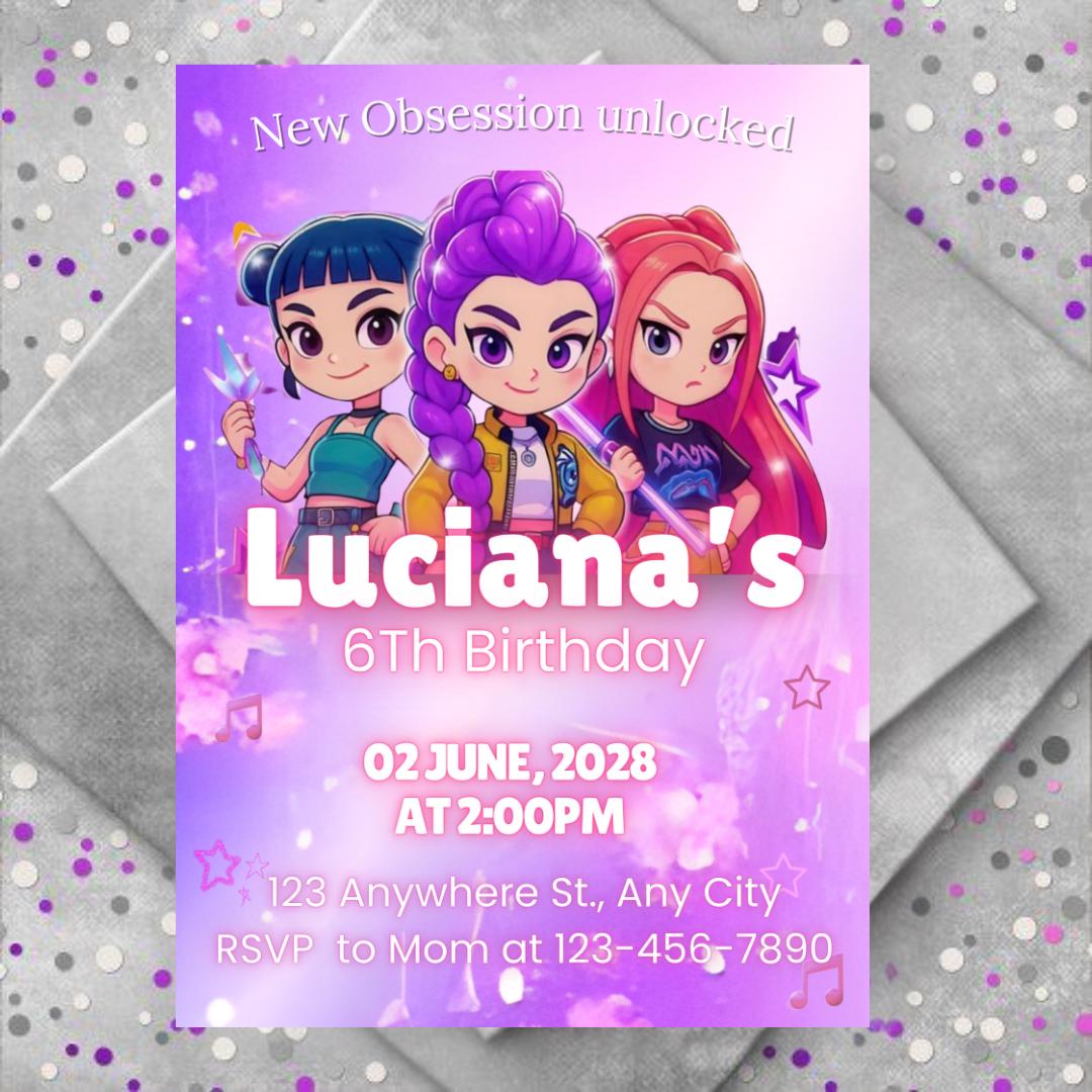 Editable Anime Kpop Anime Kids Invitation, Neon Kpop Demon Hunters Invitation KPop Anime Birthday Girls Printable Invitations