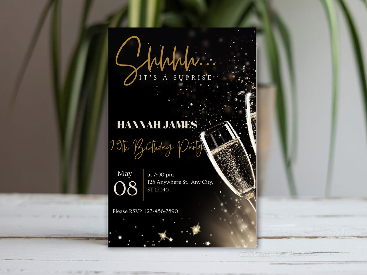 Invito di compleanno a sorpresa con glitter nero e oro (invito digitale)