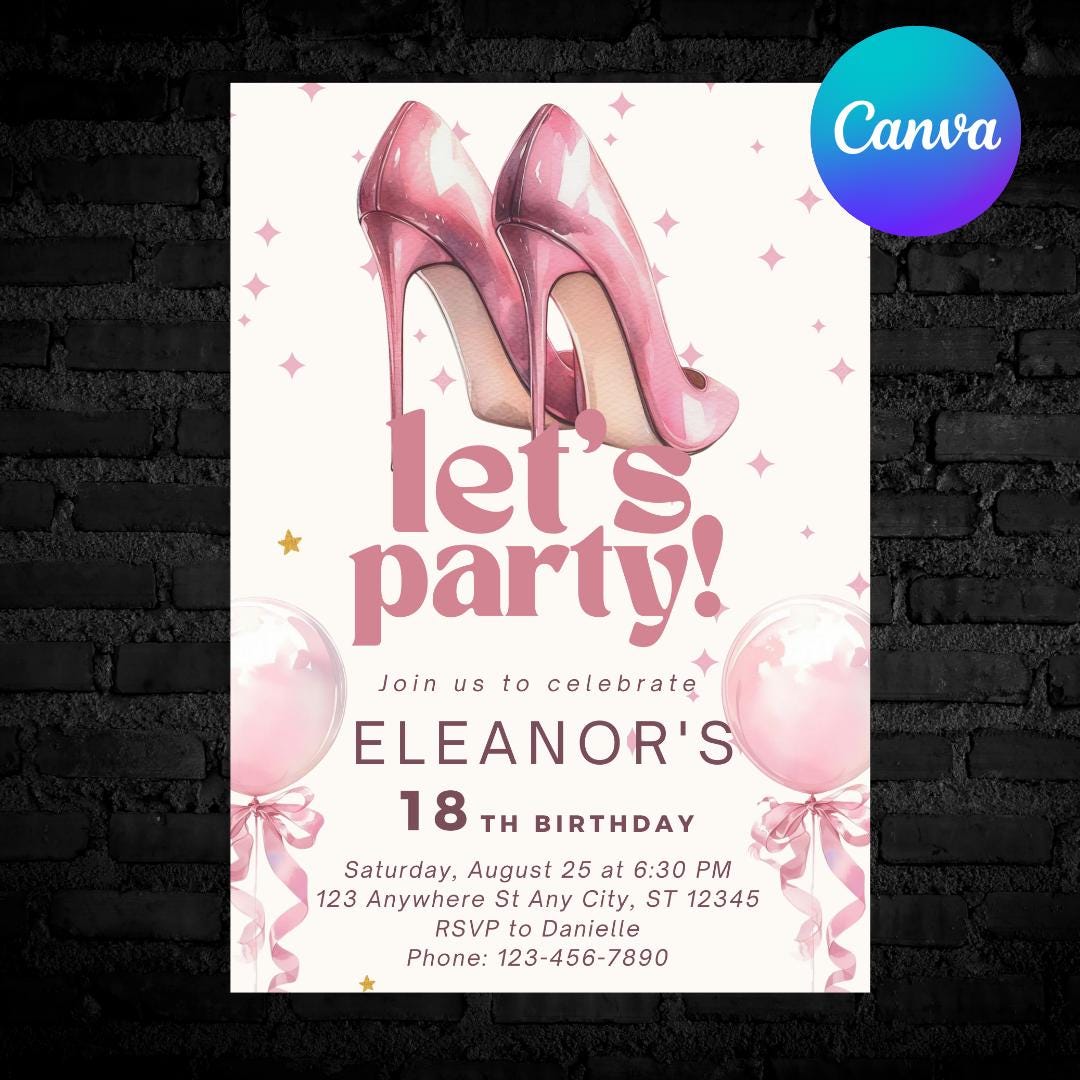 Invito di compleanno con tacchi rosa: elegante modello modificabile Canva