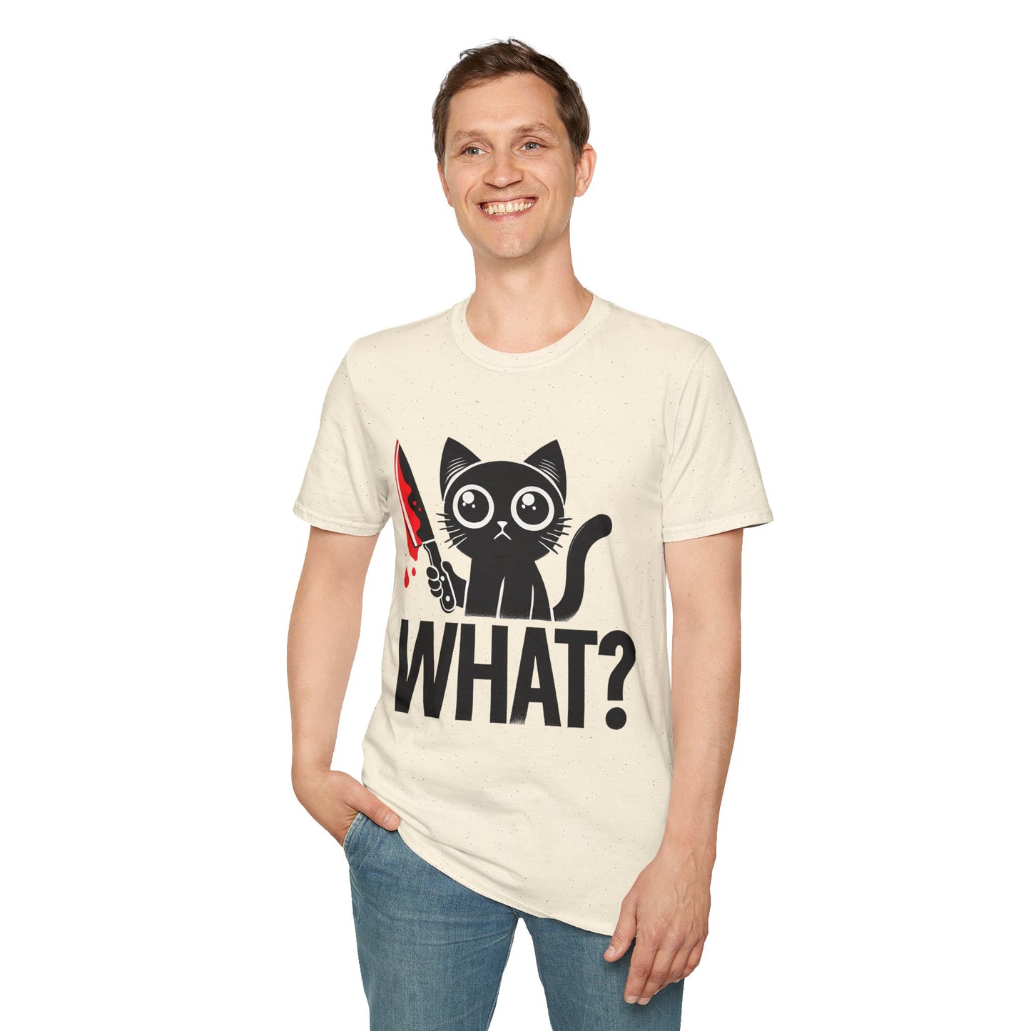 WHAT? Black Cat Holding Bloody Knife T-Shirt — Funny Cute Dark Humor Tee