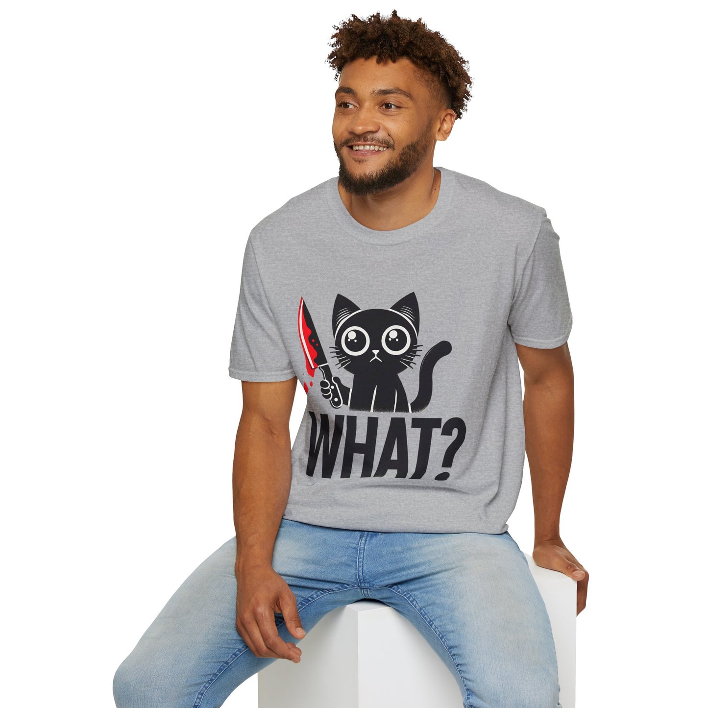 WHAT? Black Cat Holding Bloody Knife T-Shirt — Funny Cute Dark Humor Tee