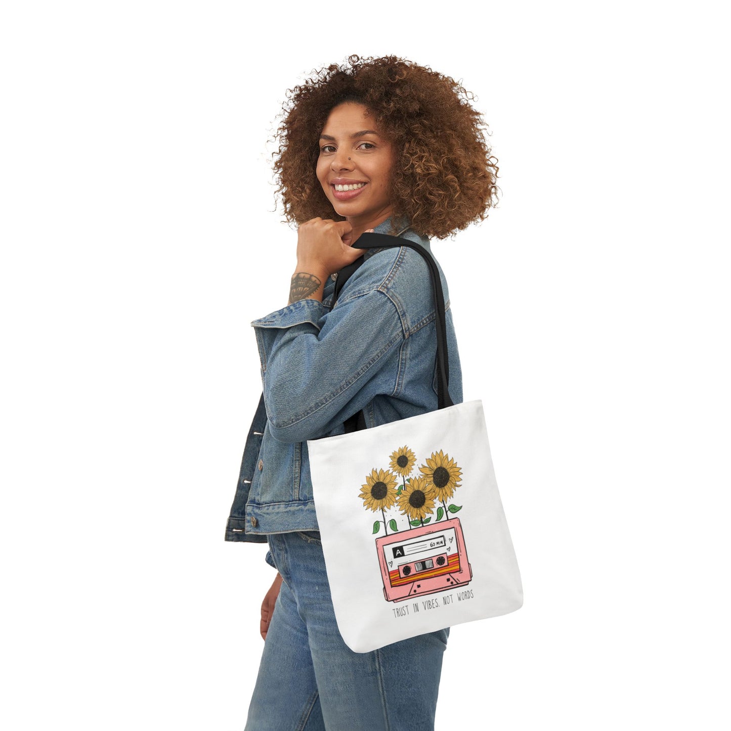 Sunflower Cassette Tote Bag — “Trust in Vibes, Not Wires” Canvas Tote