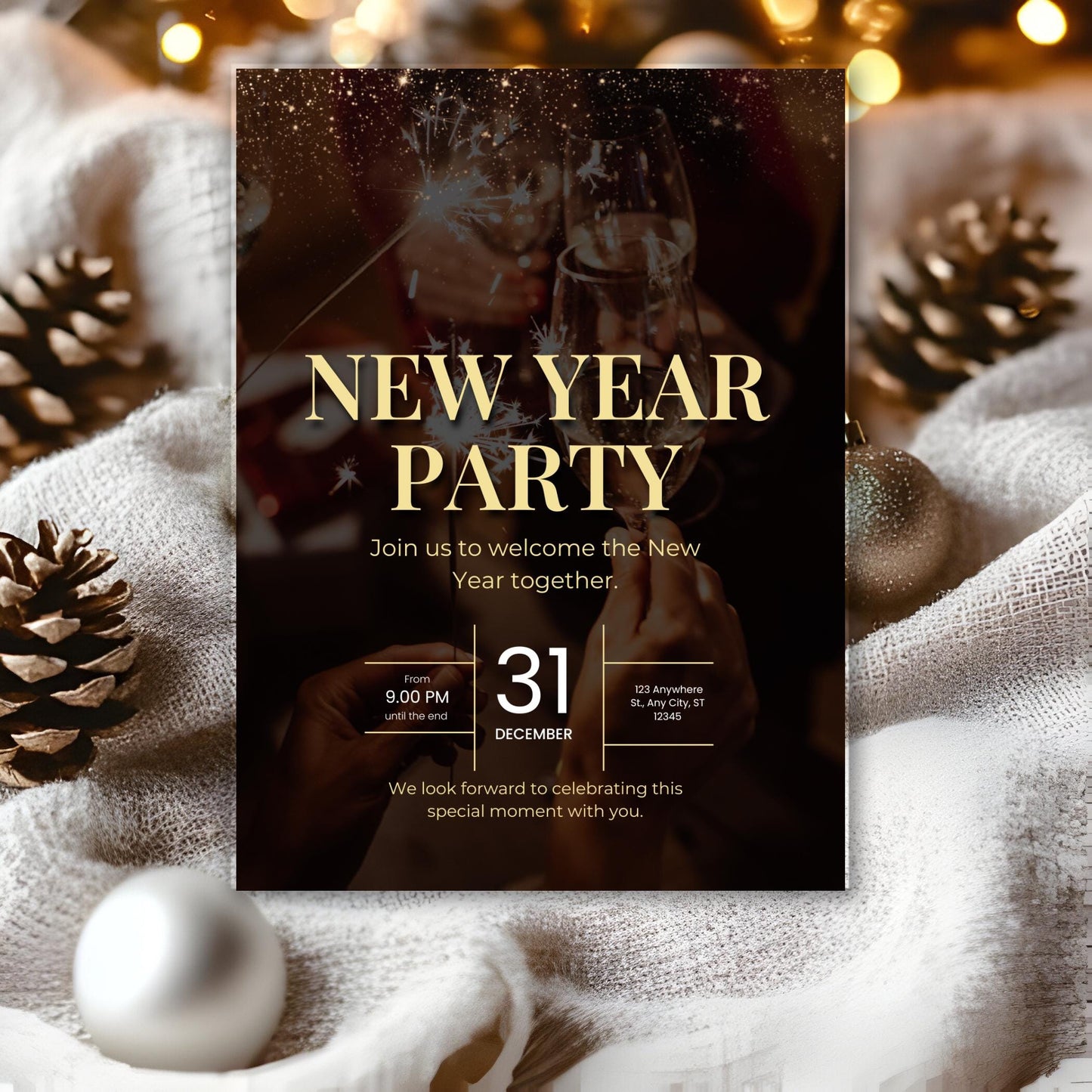 Invito di Capodanno 2026 modificabile: festa di Capodanno animata (download digitale)