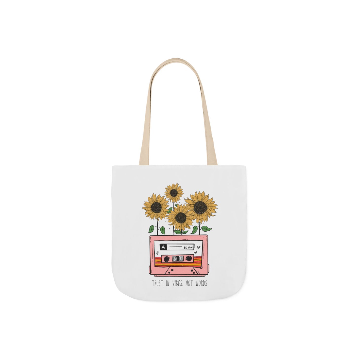 Sunflower Cassette Tote Bag — “Trust in Vibes, Not Wires” Canvas Tote