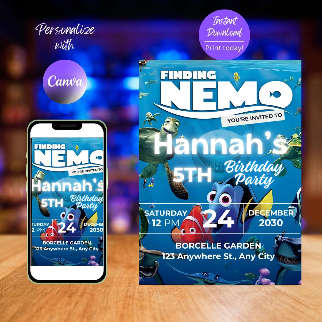 Invito di compleanno alla ricerca di Nemo: invito modificabile per una festa a tema oceano (modello Canva)