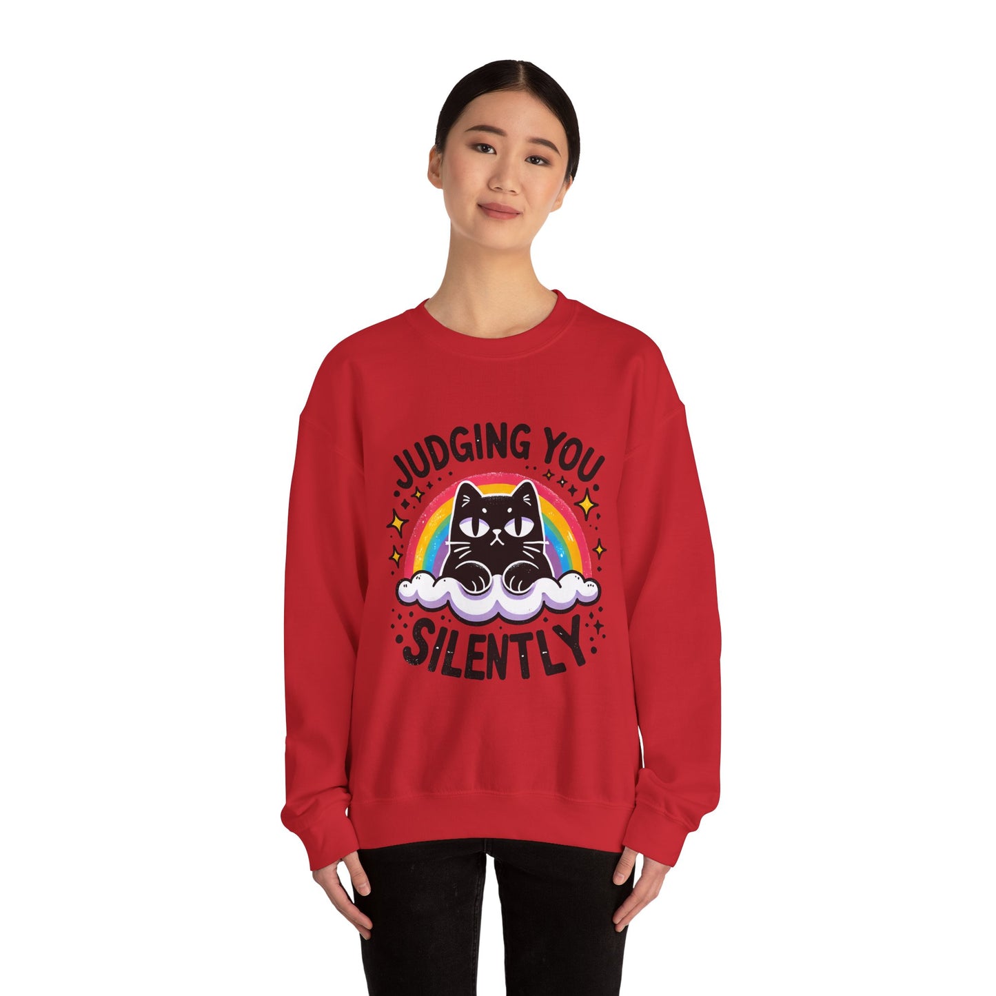 Judging You Silently Sweatshirt — Cute Black Cat Rainbow Crewneck
