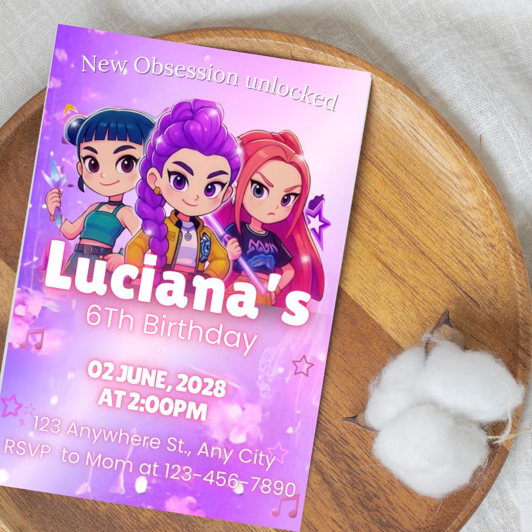 Editable Anime Kpop Anime Kids Invitation, Neon Kpop Demon Hunters Invitation KPop Anime Birthday Girls Printable Invitations