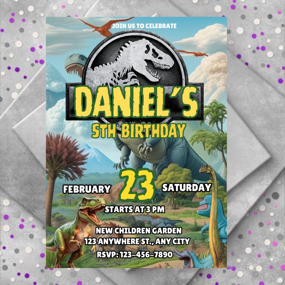 Invito di compleanno modificabile a tema dinosauri: festa T-Rex, ragazzi 1-4 anni (download digitale)