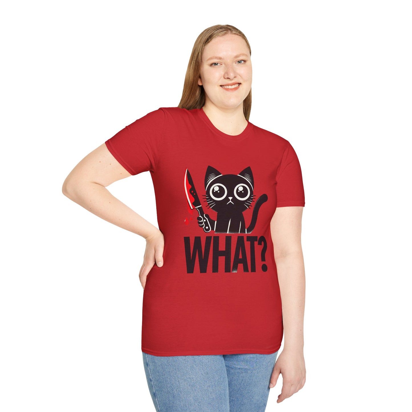WHAT? Black Cat Holding Bloody Knife T-Shirt — Funny Cute Dark Humor Tee