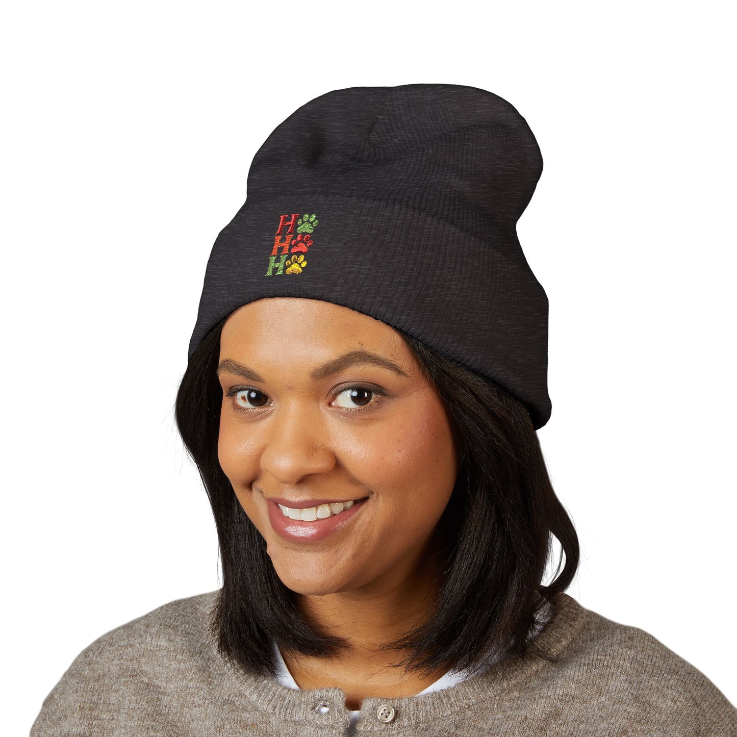 Ho Ho Ho Embroidered Cuffed Beanie — Festive Christmas Knit Hat