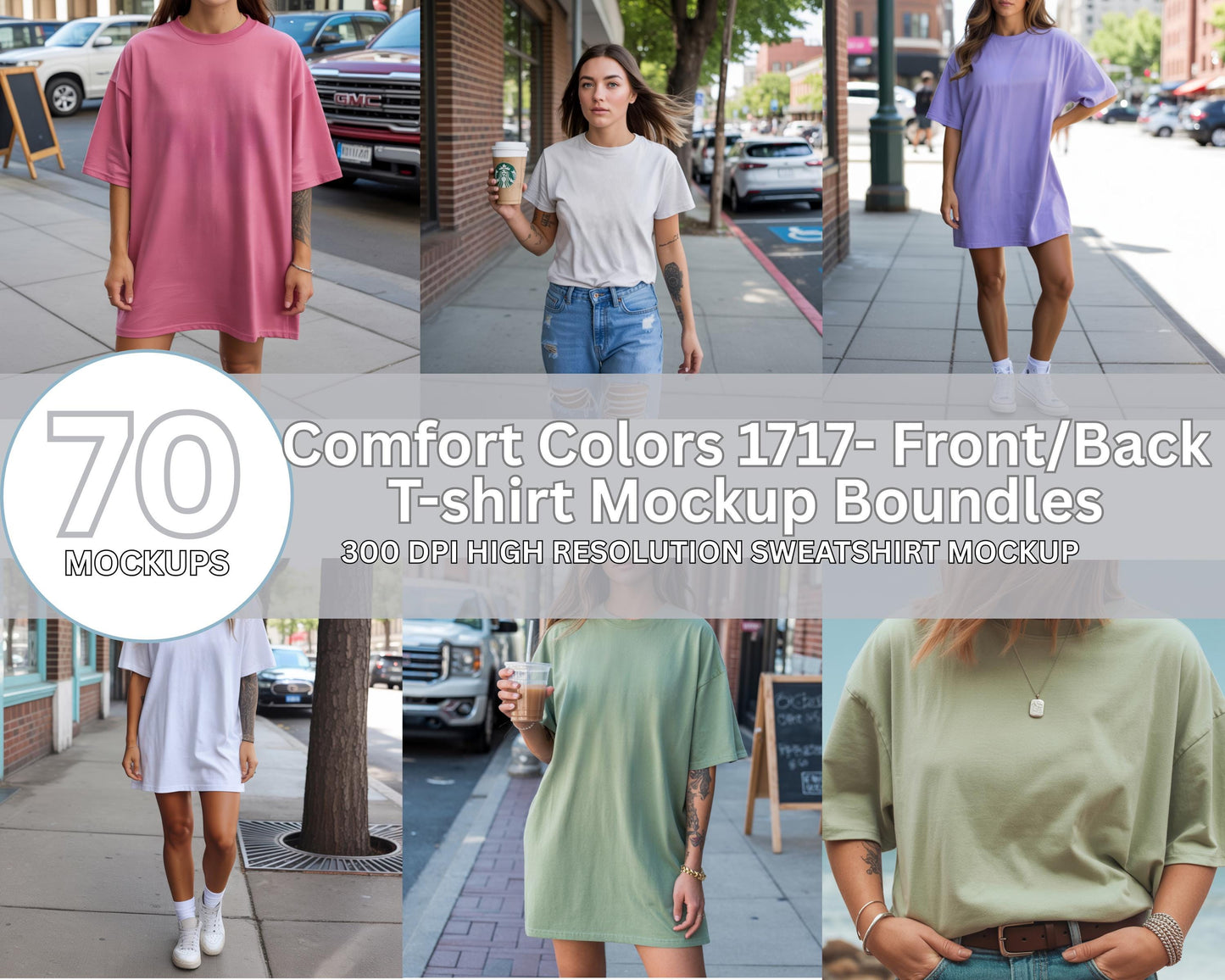 Comfort Colors 1717 T-Shirt Mockup Bundle, 70 Boho Oversized Tee Mockups