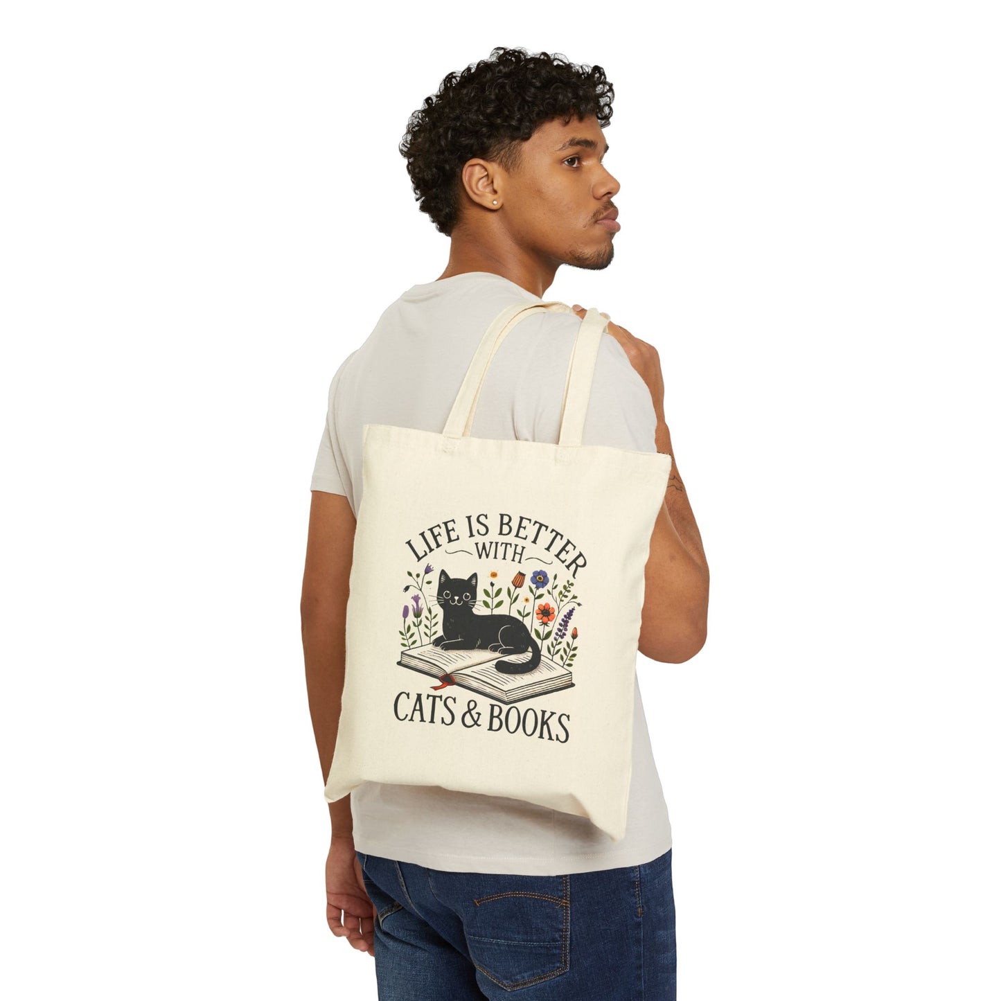Tote Bag — "Life Is Better With Cats & Books" Canvas Book Lover Tote