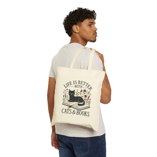 Tote Bag — "Life Is Better With Cats & Books" Canvas Book Lover Tote