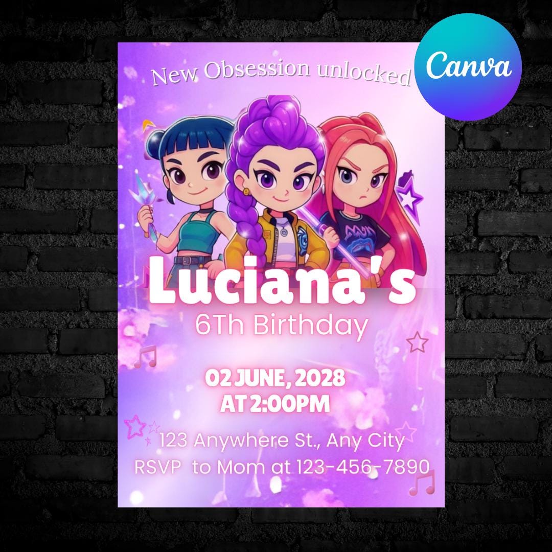 Invito modificabile per bambini Anime Kpop, invito Neon Kpop Demon Hunters, inviti stampabili per ragazze di compleanno Anime Kpop