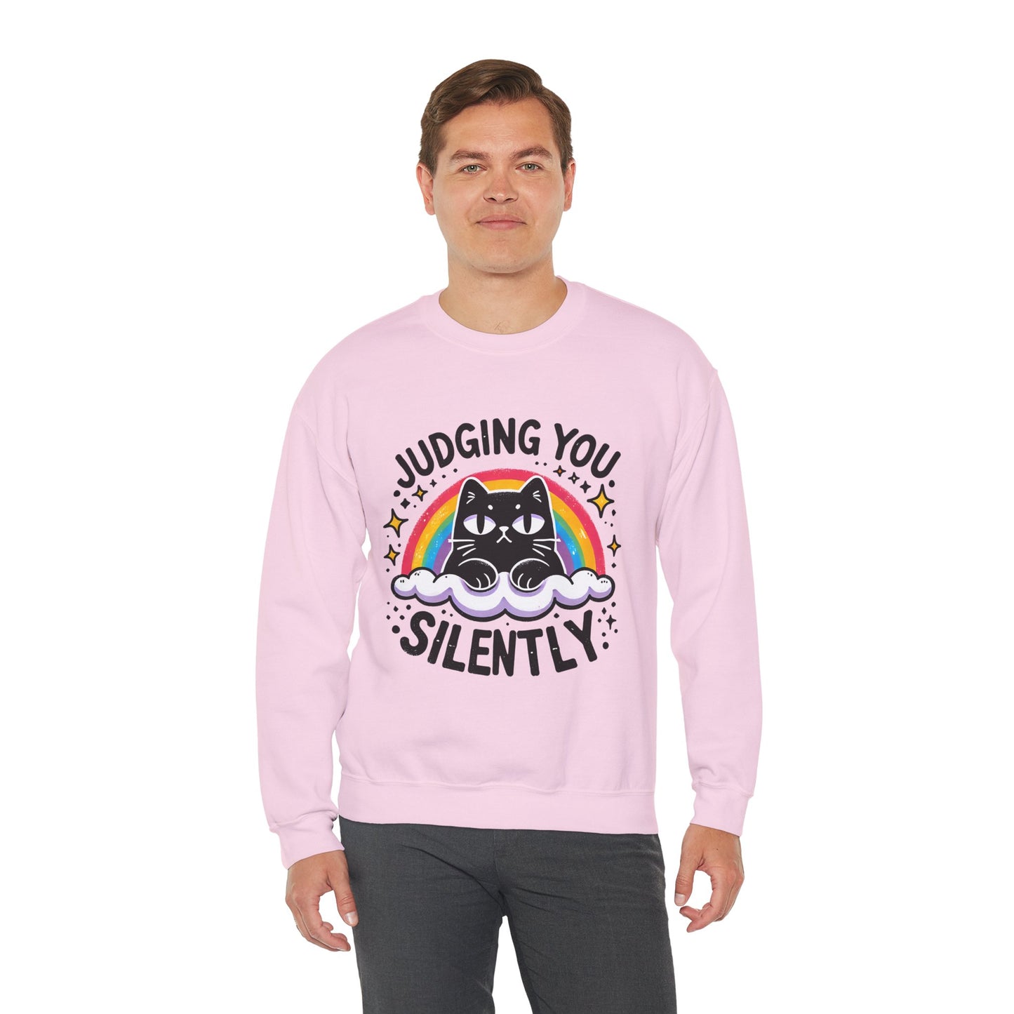 Judging You Silently Sweatshirt — Cute Black Cat Rainbow Crewneck