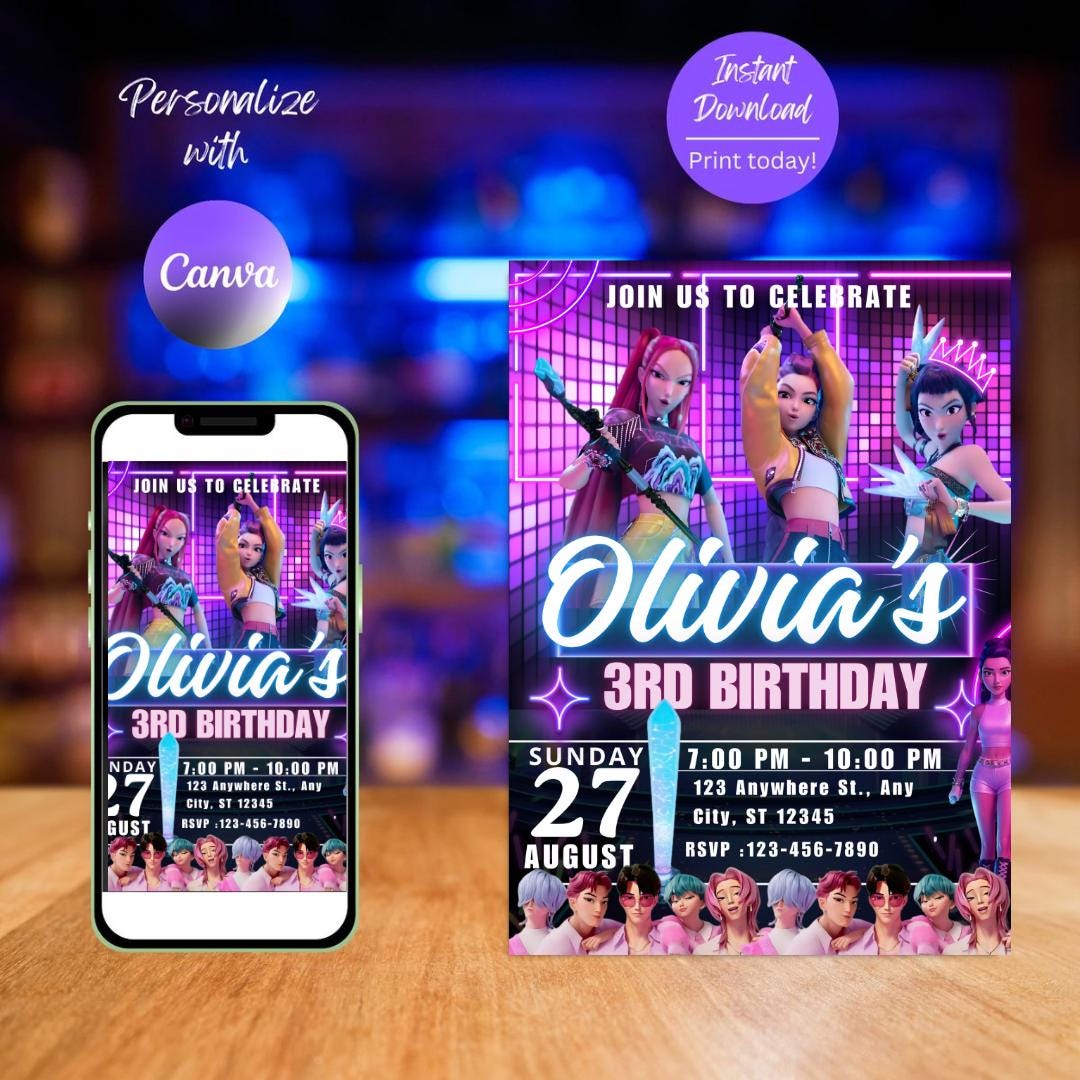 Kpop Demon Hunters Birthday Invitation,  kpop theme demon hunter party, editable party invite, demon huntrix birthay party decor for fun IV