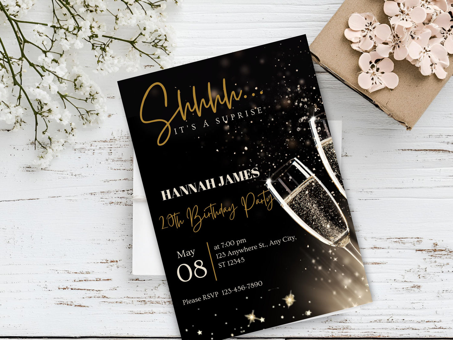 Invito di compleanno a sorpresa con glitter nero e oro (invito digitale)