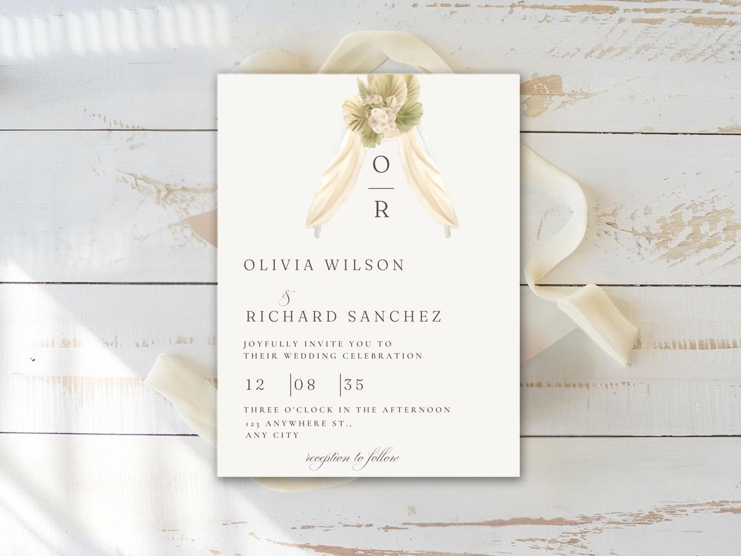 Rustic Monogram Wedding Invitation: Beige Floral Canva Template