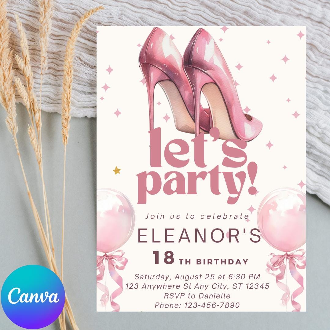 Invito di compleanno con tacchi rosa: elegante modello modificabile Canva