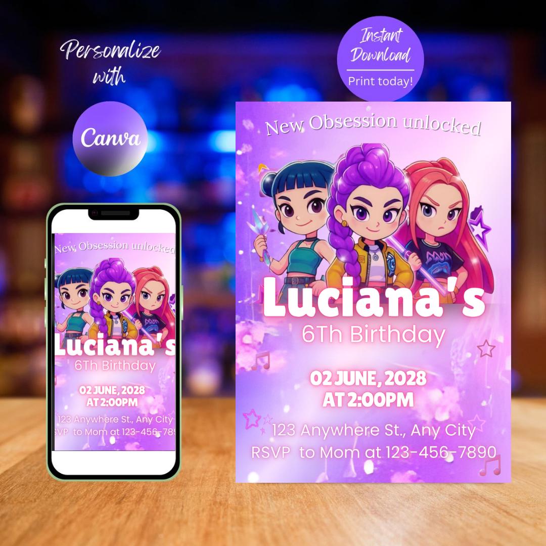 Editable Anime Kpop Anime Kids Invitation, Neon Kpop Demon Hunters Invitation KPop Anime Birthday Girls Printable Invitations