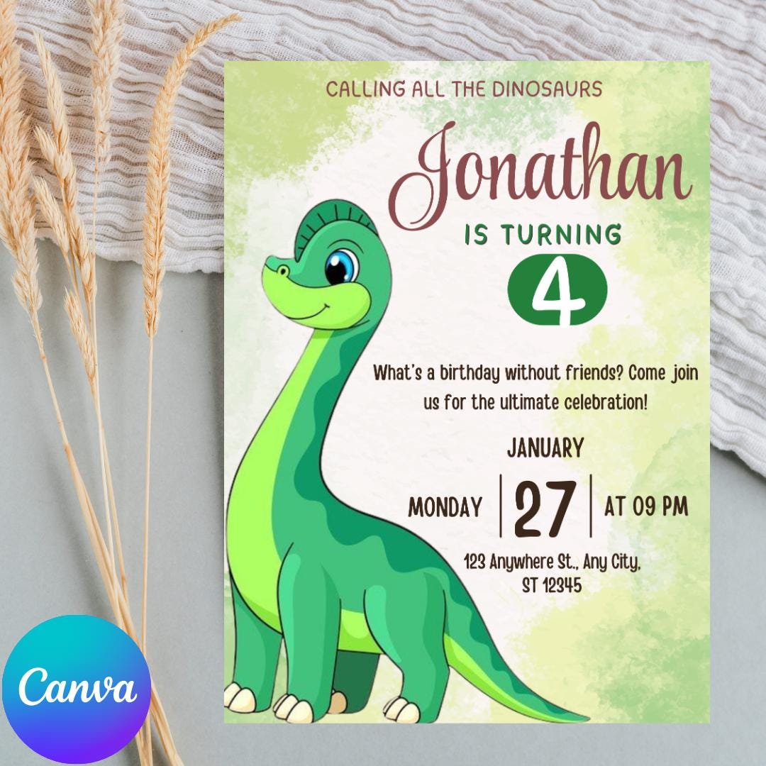 Invito per il terzo compleanno dei dinosauri: festa dei tre Rex, modello Canva modificabile