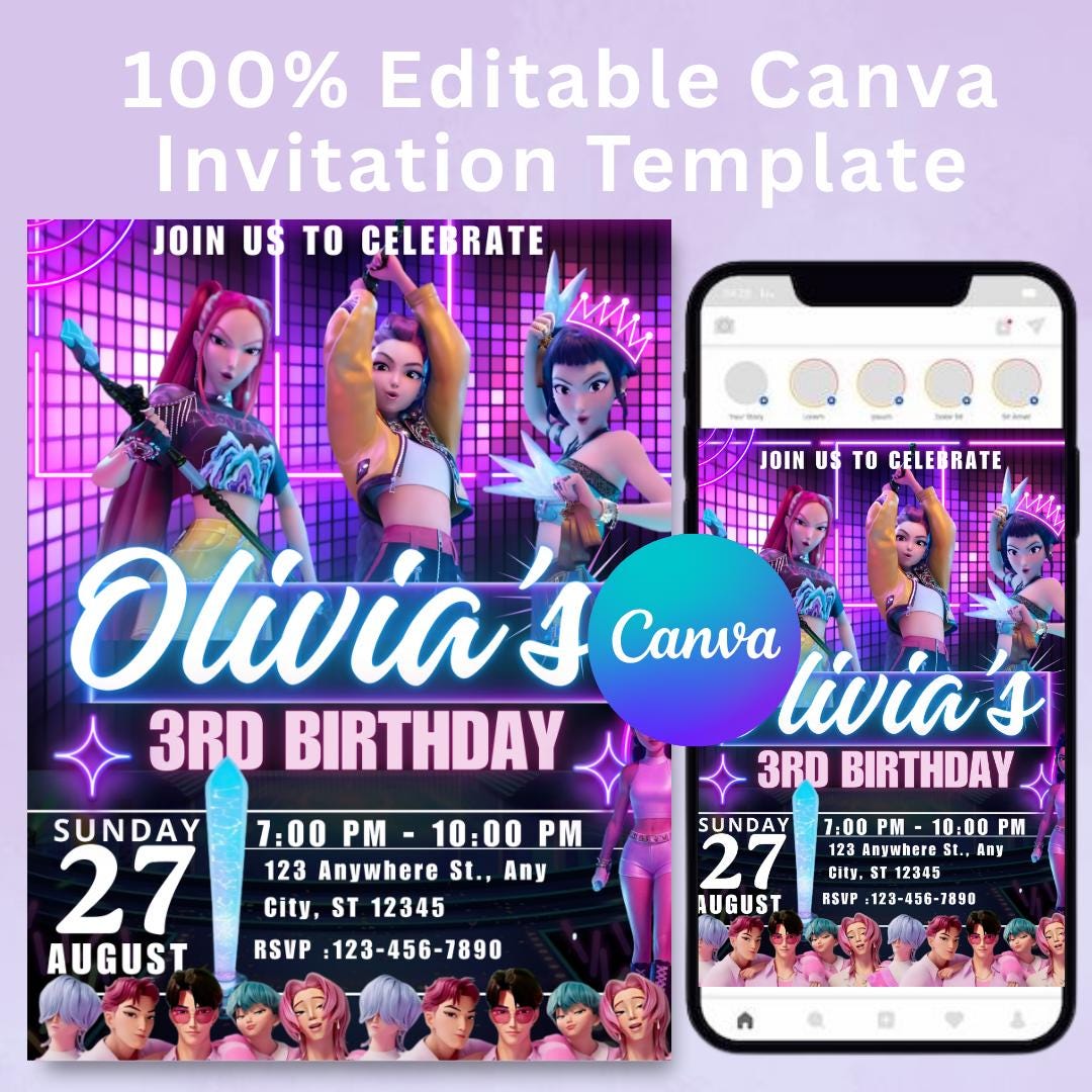 Invito di compleanno per cacciatori di demoni Kpop, festa a tema cacciatori di demoni Kpop, invito per festa modificabile, decorazioni per feste di compleanno per cacciatori di demoni per divertimento IV