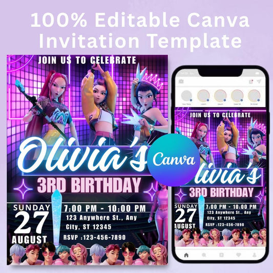 Invito di compleanno per cacciatori di demoni Kpop, festa a tema cacciatori di demoni Kpop, invito per festa modificabile, decorazioni per feste di compleanno per cacciatori di demoni per divertimento IV