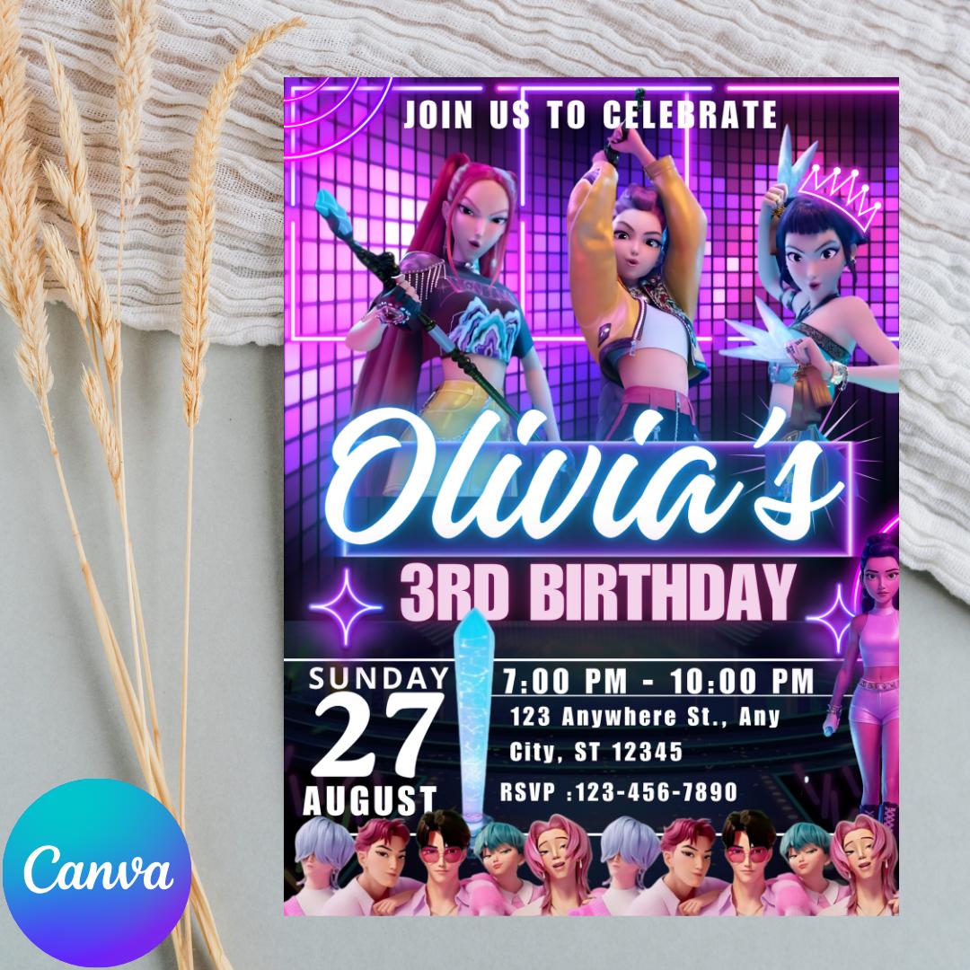 Kpop Demon Hunters Birthday Invitation,  kpop theme demon hunter party, editable party invite, demon huntrix birthay party decor for fun IV