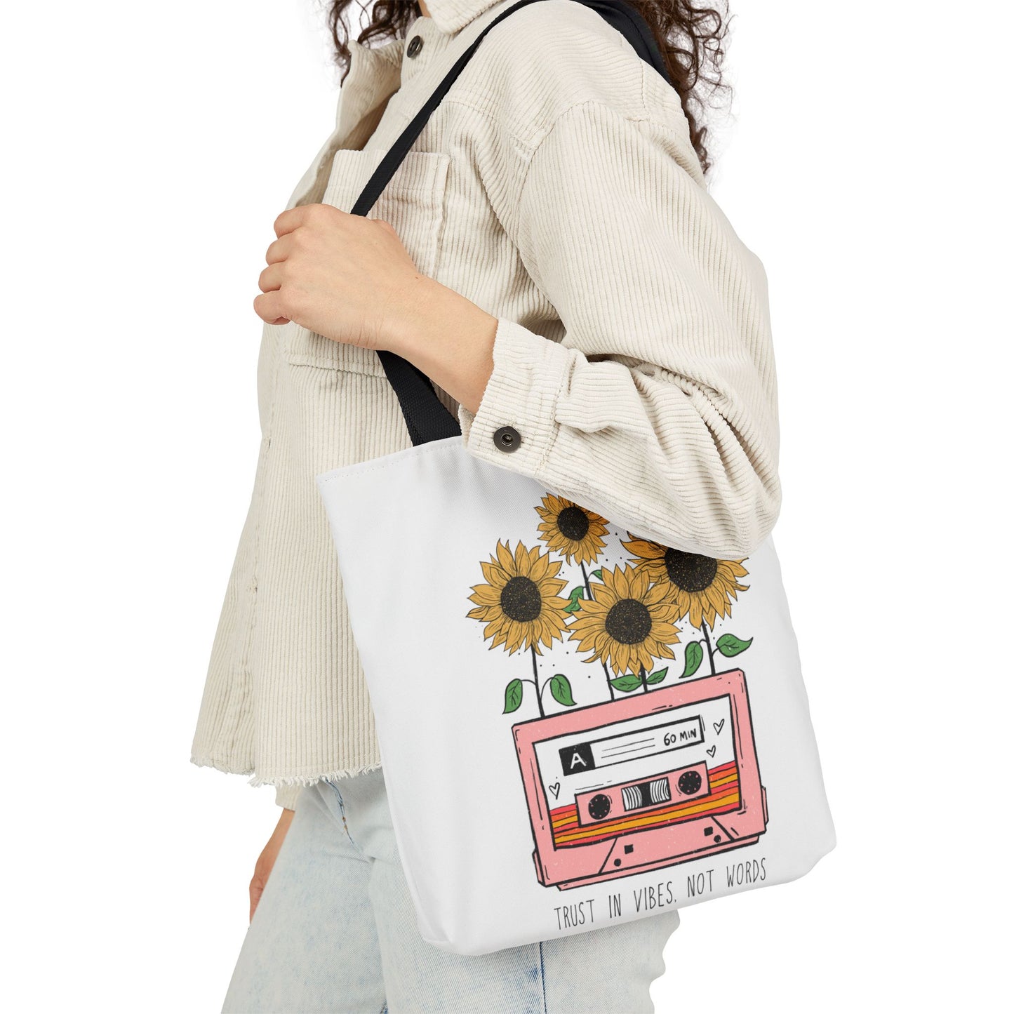 Sunflower Cassette Tote Bag — “Trust in Vibes, Not Wires” Canvas Tote