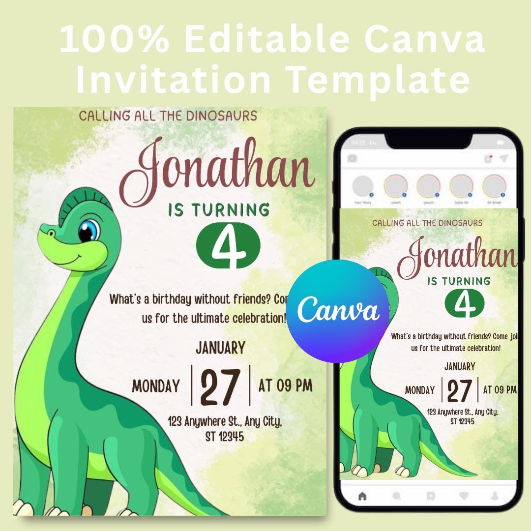 Invito per il terzo compleanno dei dinosauri: festa dei tre Rex, modello Canva modificabile