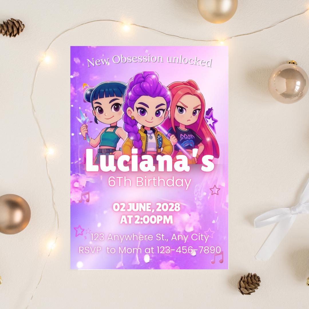 Editable Anime Kpop Anime Kids Invitation, Neon Kpop Demon Hunters Invitation KPop Anime Birthday Girls Printable Invitations