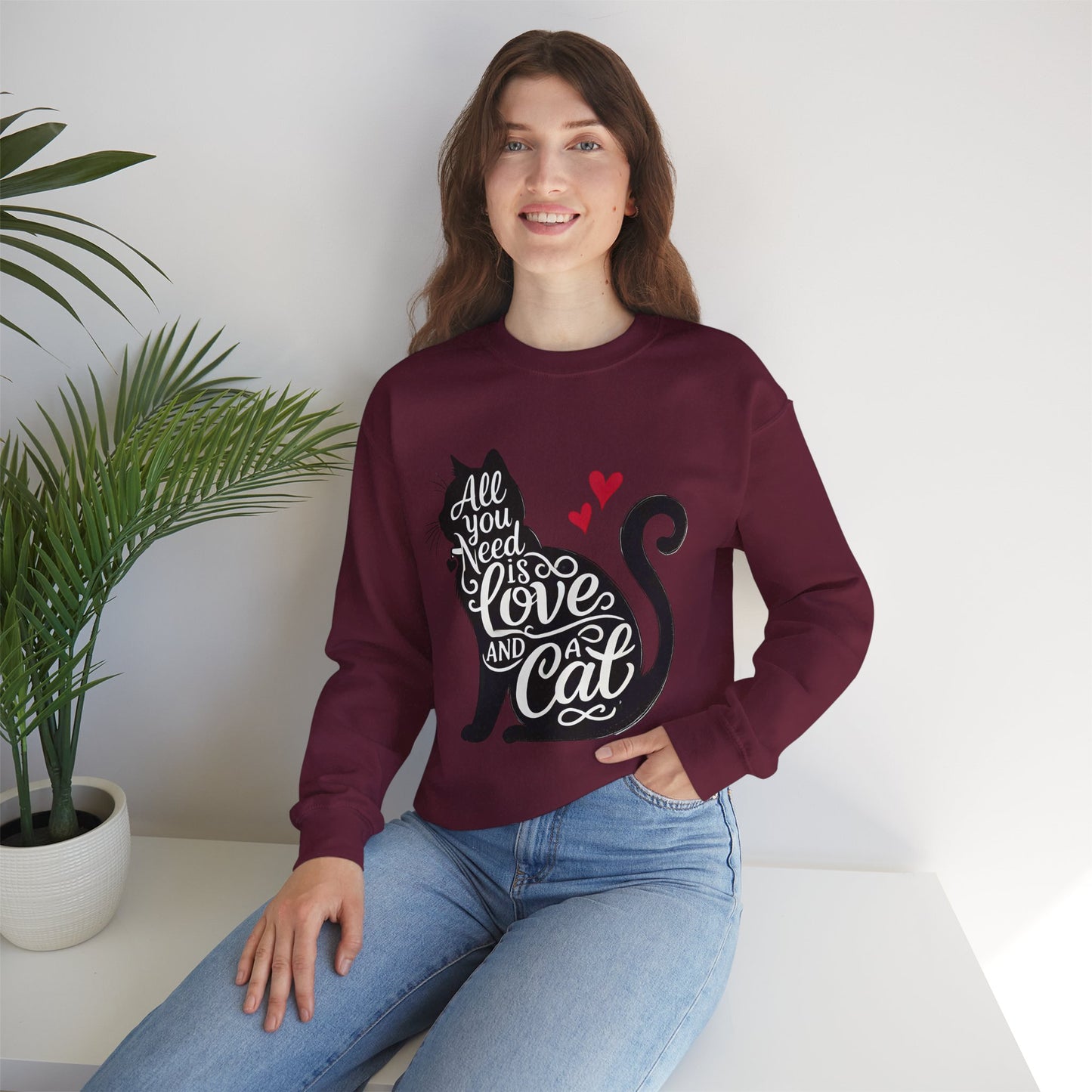 All You Need Is Love and a Cat sweatshirt - Cat Lover Crewneck Sweatshirt