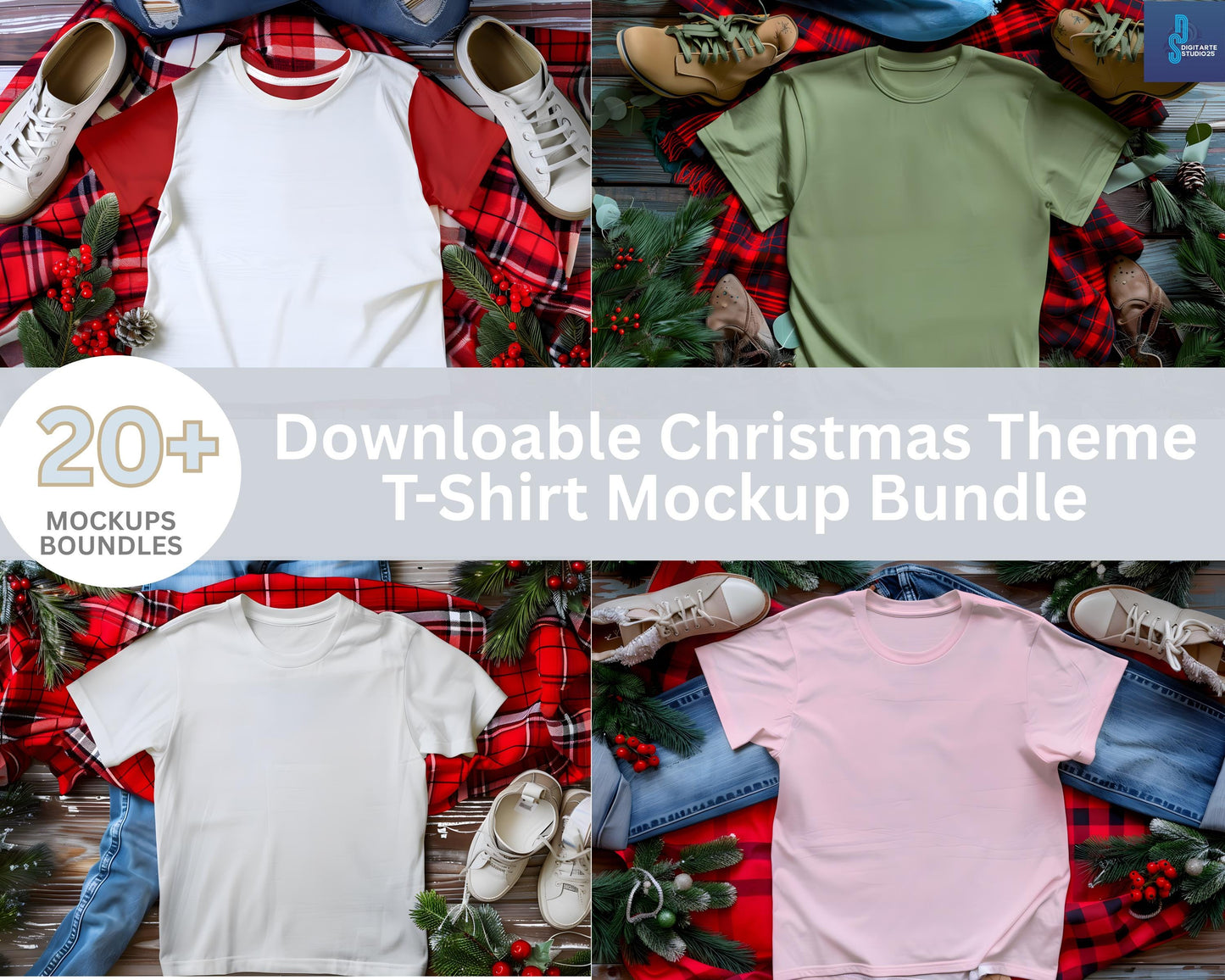 Christmas T-Shirt Mockup Bundle, Festive Holiday Designs (Digital Download)