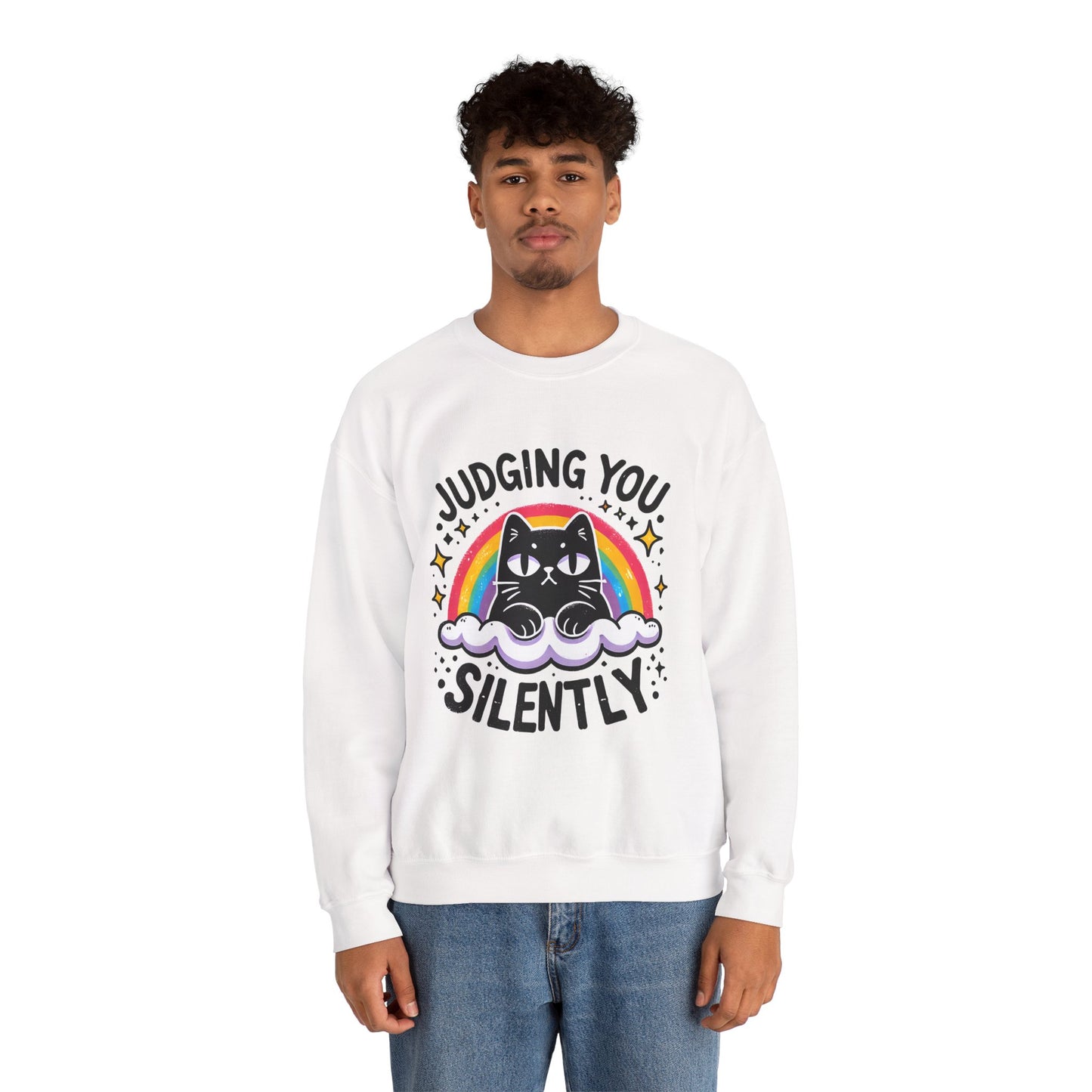 Judging You Silently Sweatshirt — Cute Black Cat Rainbow Crewneck