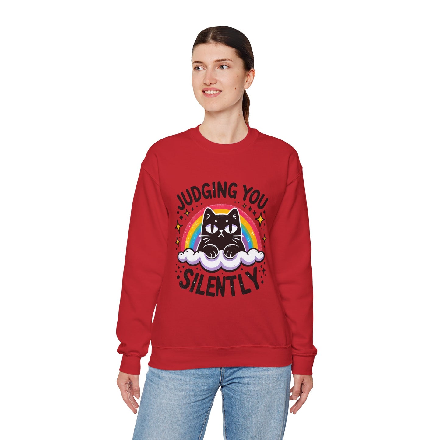 Judging You Silently Sweatshirt — Cute Black Cat Rainbow Crewneck