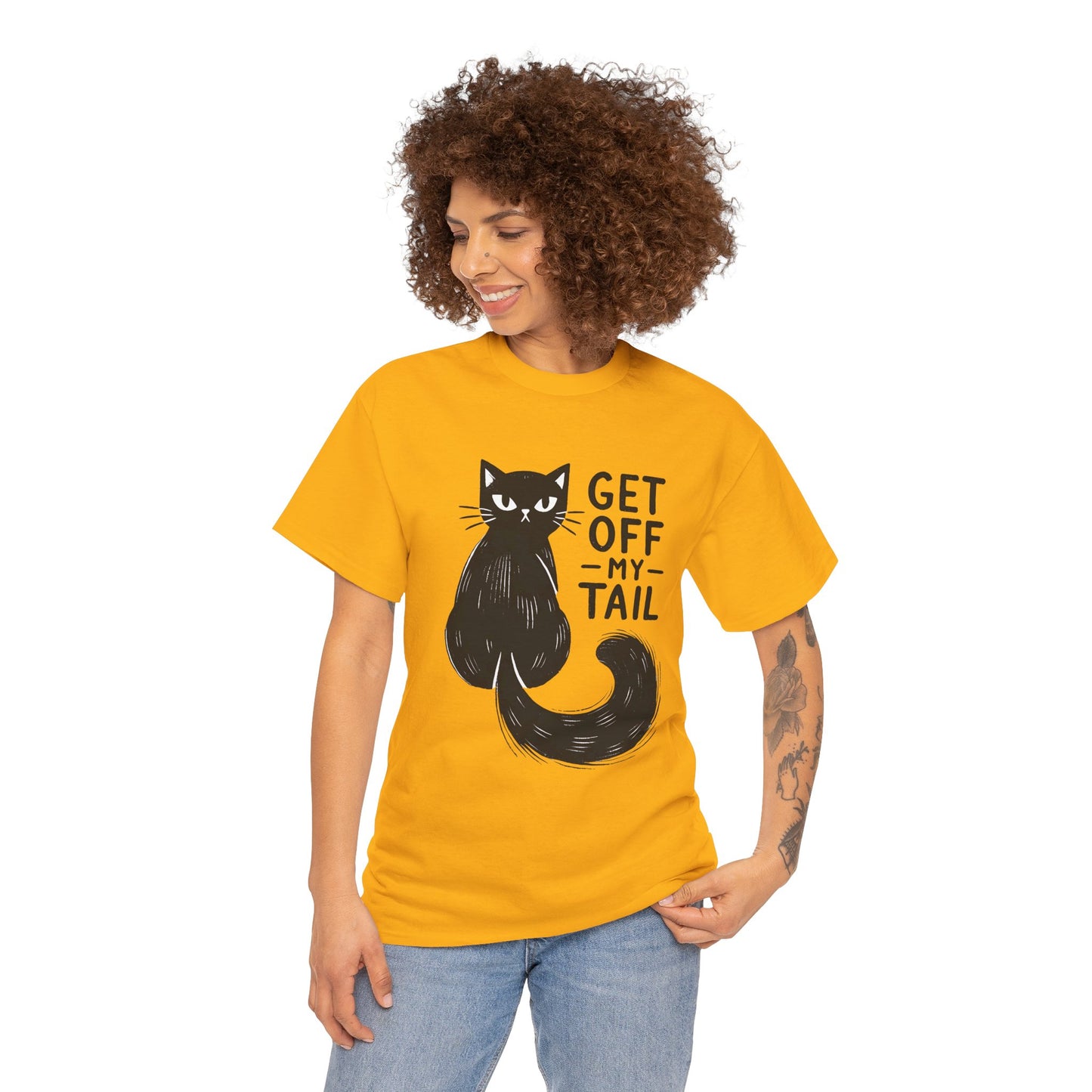 Cat T-Shirt — "Get Off My Tail" Funny Black Cat Tee